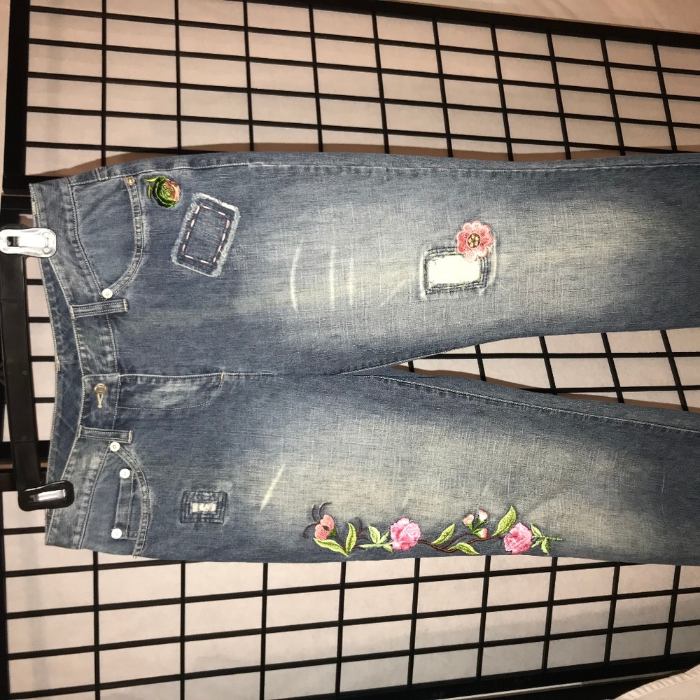 One of a kind Embroidered Crop Jeans